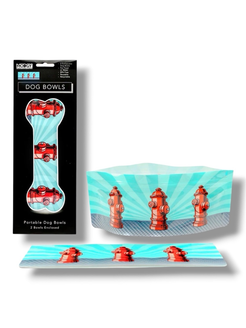 2-Pack Modgy Expandable Dog Bowls Set - Fire Hyrdrants Design - NWT